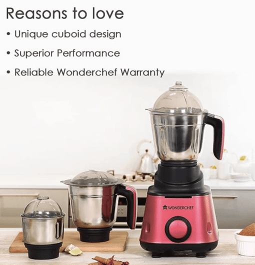 Wonderchef Sumo Mixer Grinder-600W With 3 Jars And Anti-Rust Stainless Steel Blades, Ergonomic Handles, 5 Years Warranty On Motor, Red And Black - Image 2
